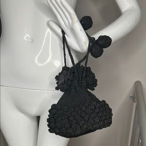 Satin Woven Rope Crochet Hand Pull Bucket Bag Purse Fully Lined Roomy